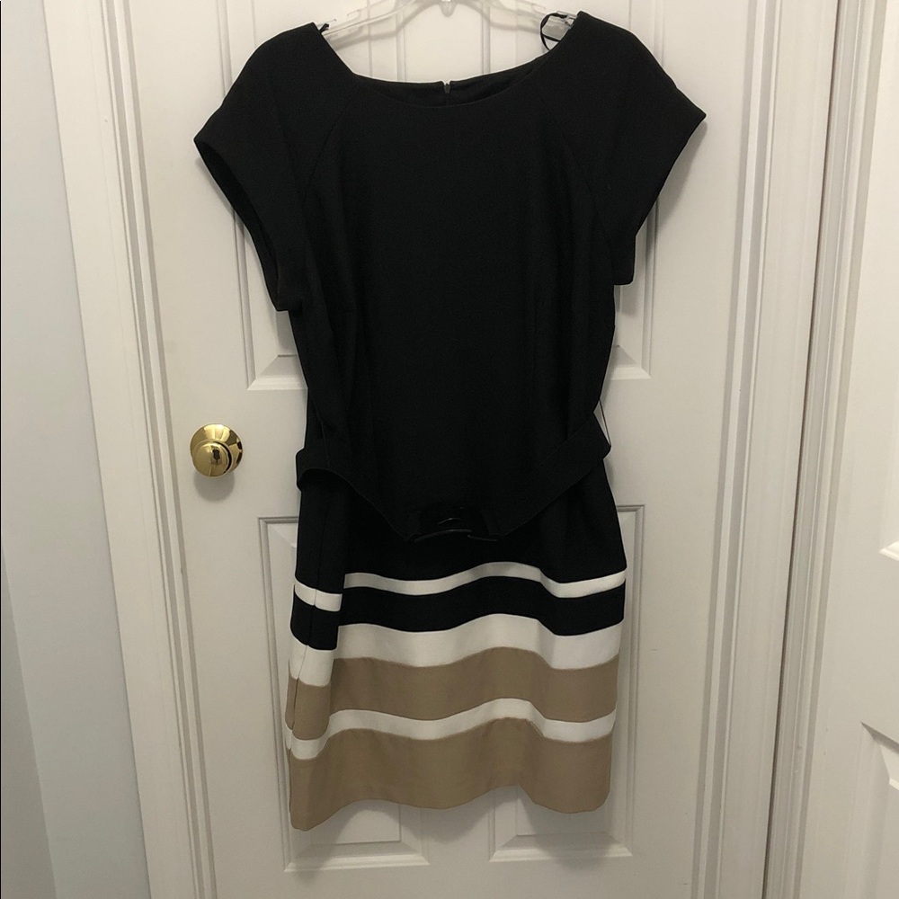 Studio One Black Midi Dress with Tan and White Stripes